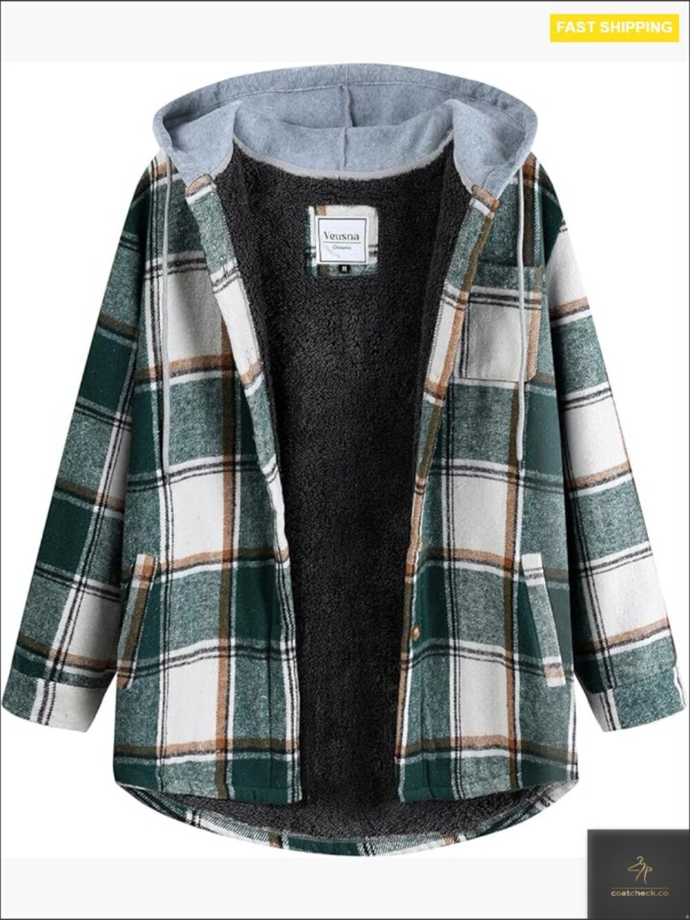 Plaid Flannel Shacket Button Up Hooded Long Sleeve Fleece Jacket Winter Coat